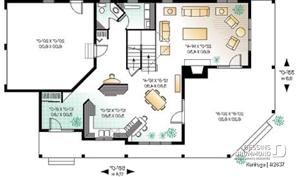 Rez-de-chaussée - Plan maison champêtre 3 à 4 chambres, salle familiale à l'étage avec balcon et foyer, garage double - Heritage