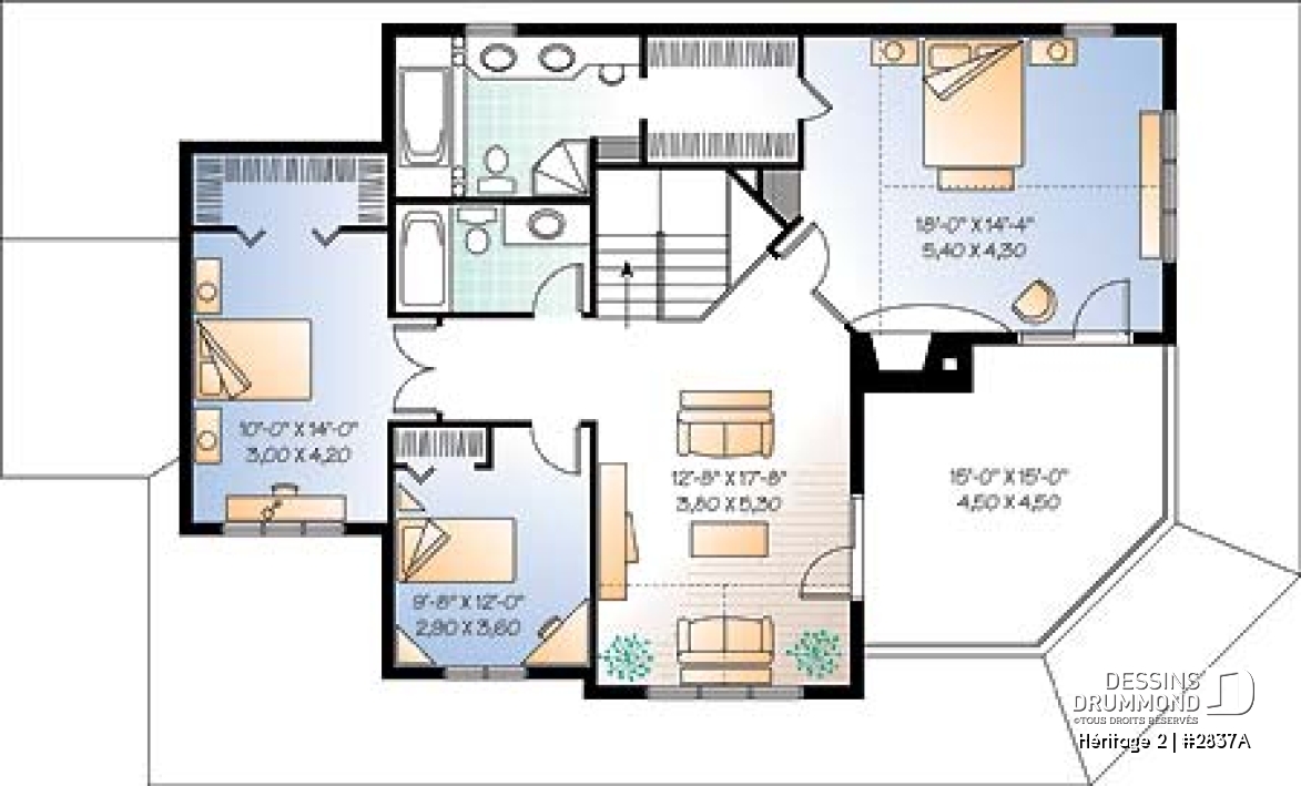 Étage - Plan maison champêtre, terrasse à l'étage et balcon couvert sur 3 faces, 3 à 4 chambres, garage double - Héritage 2