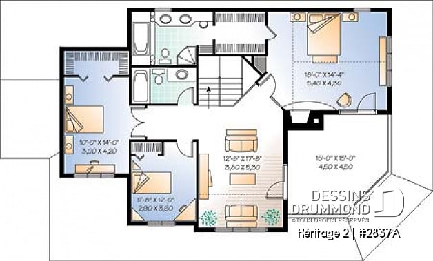 Étage - Plan maison champêtre, terrasse à l'étage et balcon couvert sur 3 faces, 3 à 4 chambres, garage double - Héritage 2