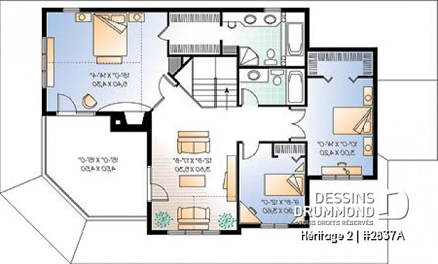 Étage - Plan maison champêtre, terrasse à l'étage et balcon couvert sur 3 faces, 3 à 4 chambres, garage double - Héritage 2