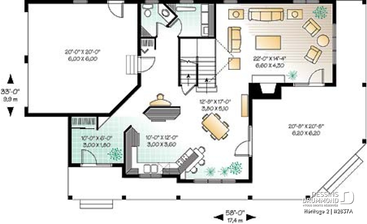 Rez-de-chaussée - Plan maison champêtre, terrasse à l'étage et balcon couvert sur 3 faces, 3 à 4 chambres, garage double - Héritage 2