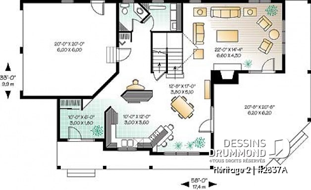 Rez-de-chaussée - Plan maison champêtre, terrasse à l'étage et balcon couvert sur 3 faces, 3 à 4 chambres, garage double - Héritage 2