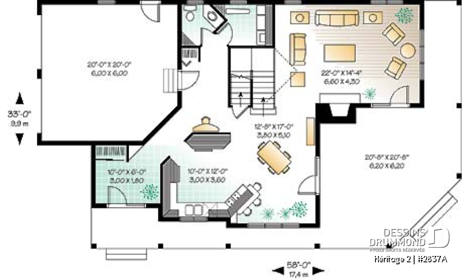 Rez-de-chaussée - Plan maison champêtre, terrasse à l'étage et balcon couvert sur 3 faces, 3 à 4 chambres, garage double - Héritage 2