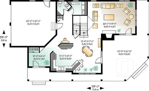 Rez-de-chaussée - Plan maison champêtre, terrasse à l'étage et balcon couvert sur 3 faces, 3 à 4 chambres, garage double - Héritage 2