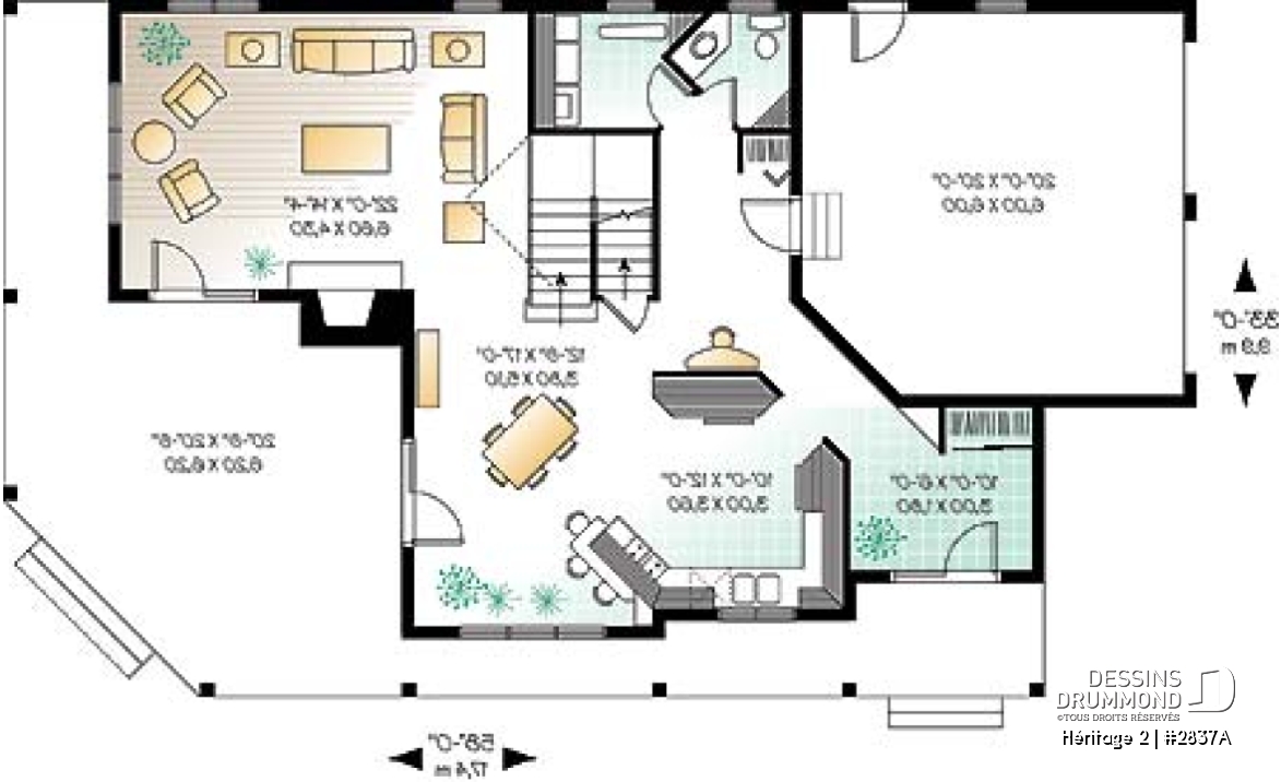 Rez-de-chaussée - Plan maison champêtre, terrasse à l'étage et balcon couvert sur 3 faces, 3 à 4 chambres, garage double - Héritage 2