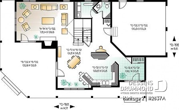 Rez-de-chaussée - Plan maison champêtre, terrasse à l'étage et balcon couvert sur 3 faces, 3 à 4 chambres, garage double - Héritage 2