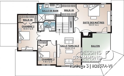 Étage - Plan maison champêtre, 3 chambres, garage double, 2 salons, foyer, plusieurs terrasses - Héritage 3