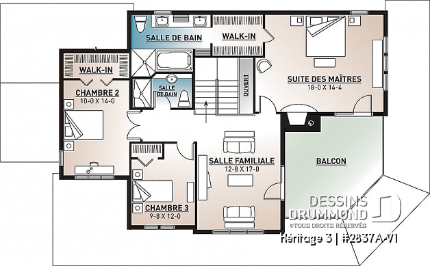 Étage - Plan maison champêtre, 3 chambres, garage double, 2 salons, foyer, plusieurs terrasses - Héritage 3