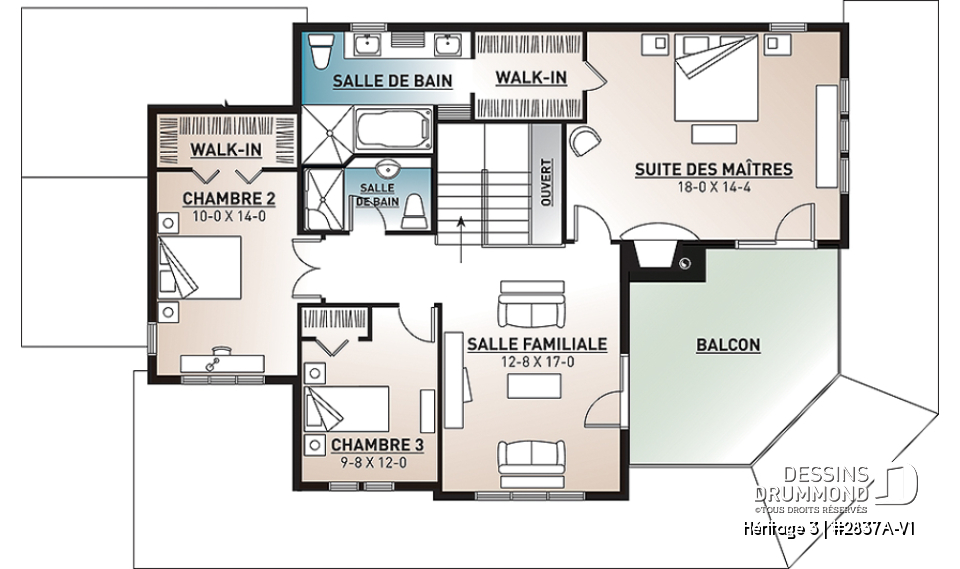 Étage - Plan maison champêtre, 3 chambres, garage double, 2 salons, foyer, plusieurs terrasses - Héritage 3