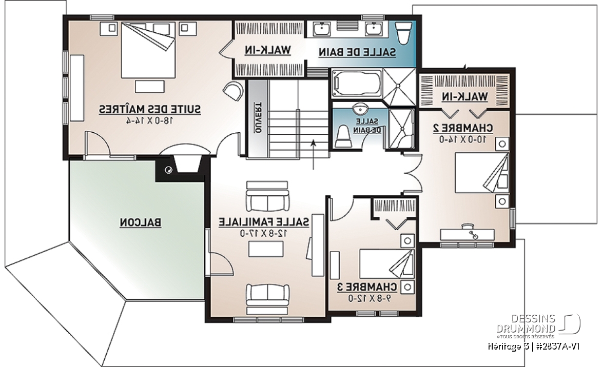 Étage - Plan maison champêtre, 3 chambres, garage double, 2 salons, foyer, plusieurs terrasses - Héritage 3