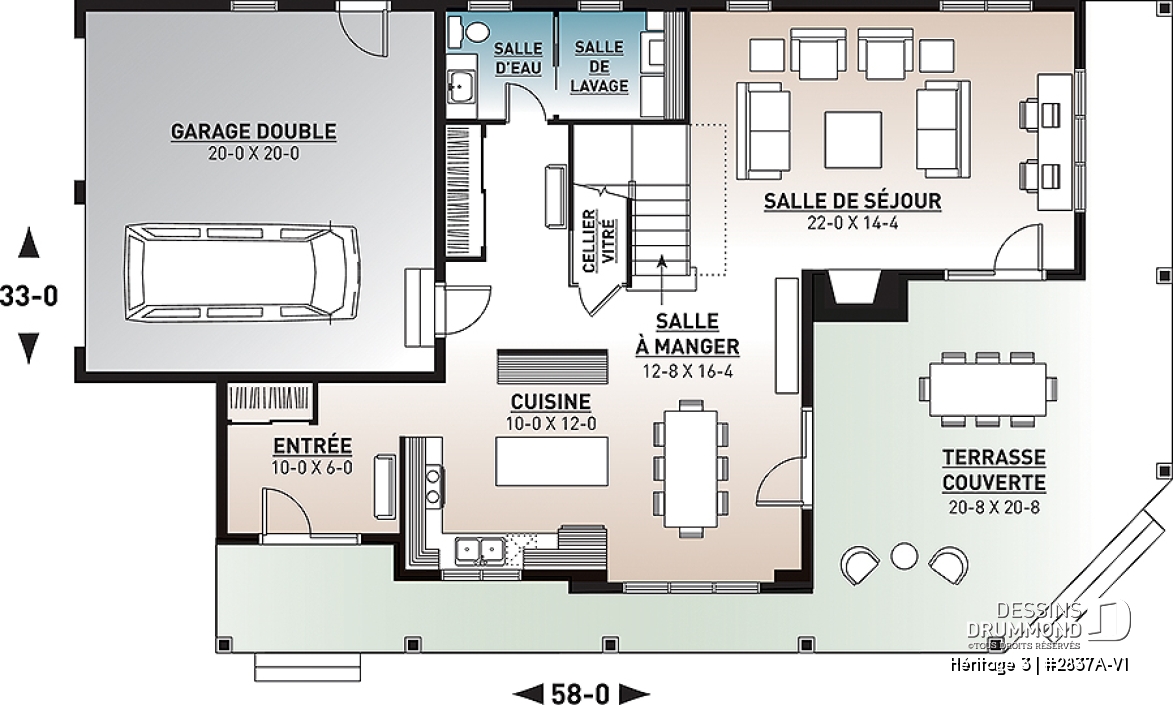 Rez-de-chaussée - Plan maison champêtre, 3 chambres, garage double, 2 salons, foyer, plusieurs terrasses - Héritage 3