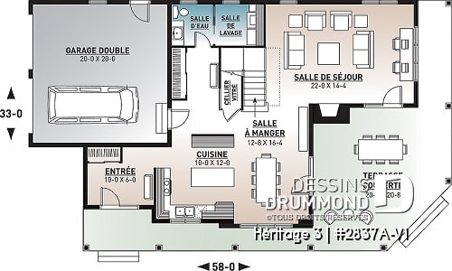 Rez-de-chaussée - Plan maison champêtre, 3 chambres, garage double, 2 salons, foyer, plusieurs terrasses - Héritage 3