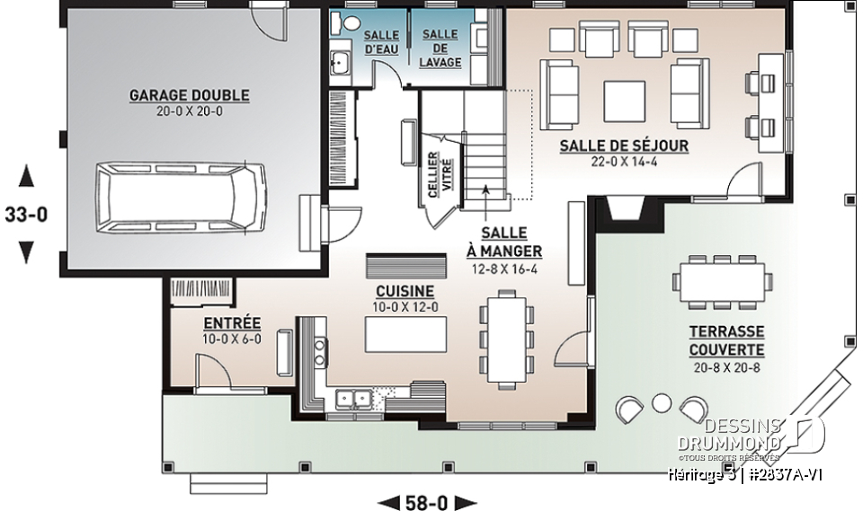 Rez-de-chaussée - Plan maison champêtre, 3 chambres, garage double, 2 salons, foyer, plusieurs terrasses - Héritage 3