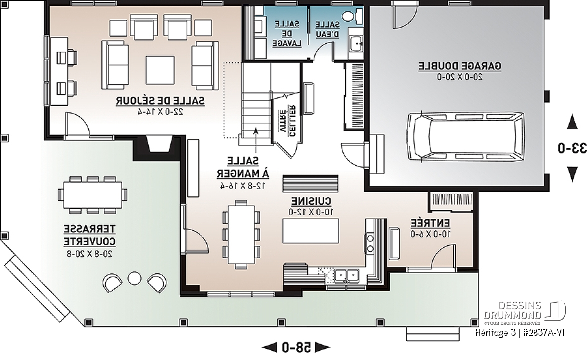 Rez-de-chaussée - Plan maison champêtre, 3 chambres, garage double, 2 salons, foyer, plusieurs terrasses - Héritage 3