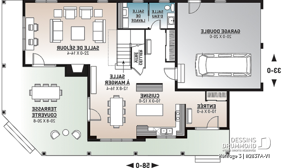 Rez-de-chaussée - Plan maison champêtre, 3 chambres, garage double, 2 salons, foyer, plusieurs terrasses - Héritage 3