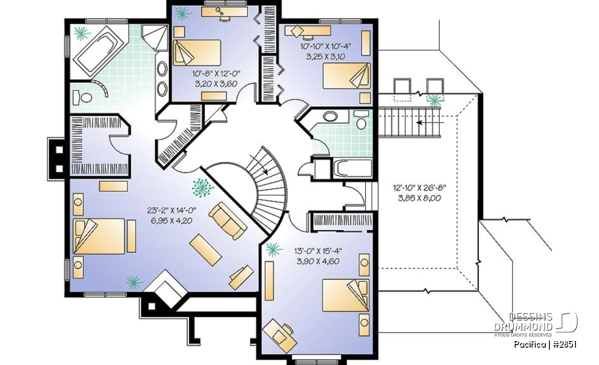 Étage - Plan de maison 4 chambres sur même étage, piscine intérieure, garage double, grand pièce boni, foyers - Pacifica