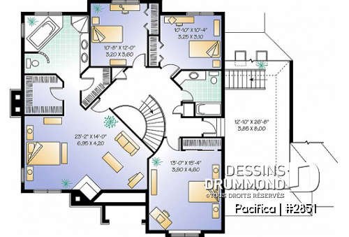 Étage - Plan de maison 4 chambres sur même étage, piscine intérieure, garage double, grand pièce boni, foyers - Pacifica