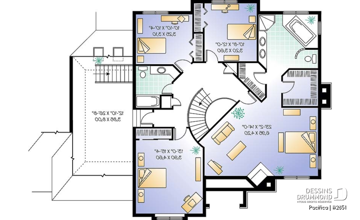 Étage - Plan de maison 4 chambres sur même étage, piscine intérieure, garage double, grand pièce boni, foyers - Pacifica