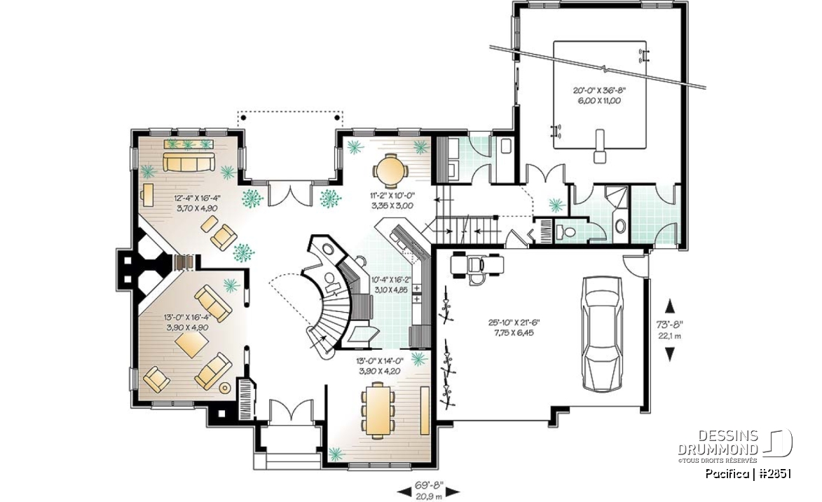 Rez-de-chaussée - Plan de maison 4 chambres sur même étage, piscine intérieure, garage double, grand pièce boni, foyers - Pacifica