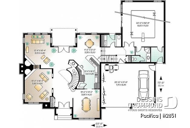 Rez-de-chaussée - Plan de maison 4 chambres sur même étage, piscine intérieure, garage double, grand pièce boni, foyers - Pacifica