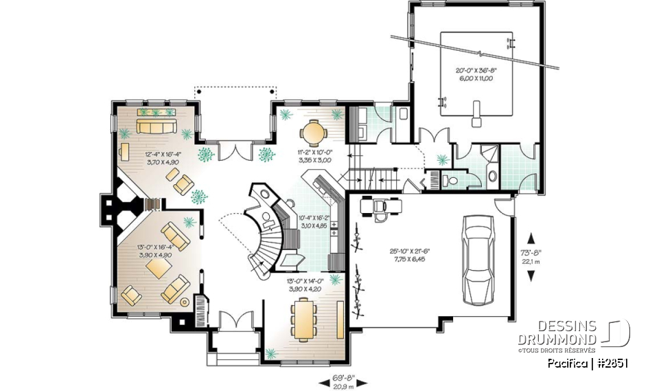Rez-de-chaussée - Plan de maison 4 chambres sur même étage, piscine intérieure, garage double, grand pièce boni, foyers - Pacifica