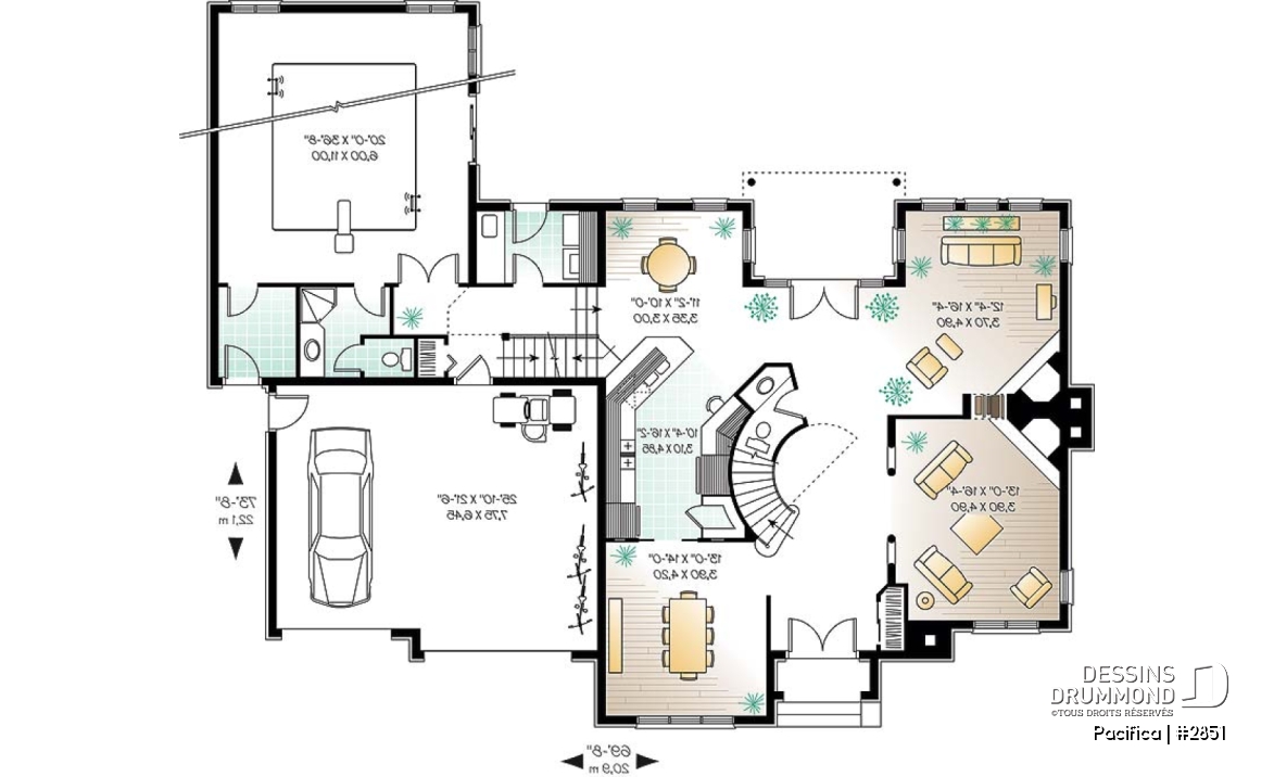 Rez-de-chaussée - Plan de maison 4 chambres sur même étage, piscine intérieure, garage double, grand pièce boni, foyers - Pacifica