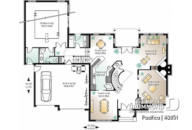 Rez-de-chaussée - Plan de maison 4 chambres sur même étage, piscine intérieure, garage double, grand pièce boni, foyers - Pacifica