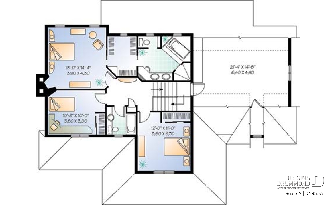 Étage - Plan de maison champêtre américaine, solarium, 3 à 4 chambres, garage double, espace boni au-dessus du garage - Rosie 2