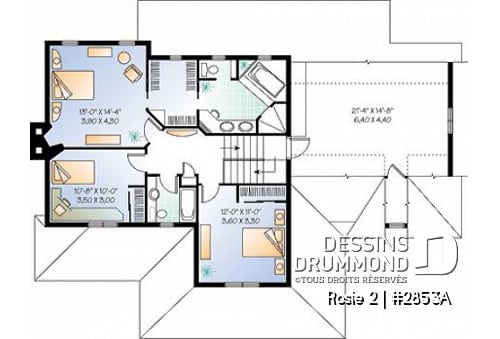 Étage - Plan de maison champêtre américaine, solarium, 3 à 4 chambres, garage double, espace boni au-dessus du garage - Rosie 2