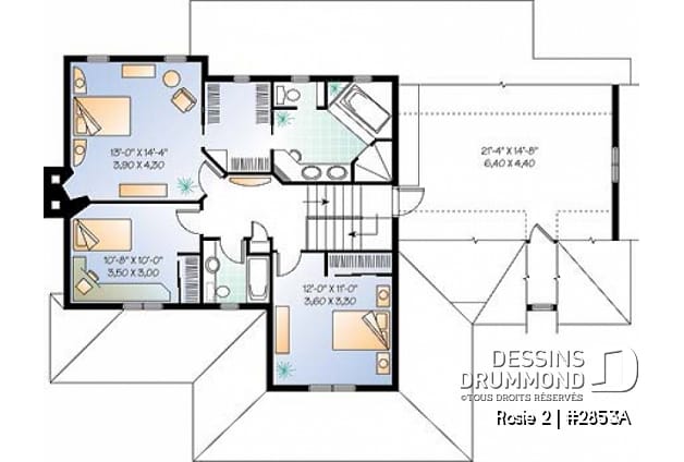 Étage - Plan de maison champêtre américaine, solarium, 3 à 4 chambres, garage double, espace boni au-dessus du garage - Rosie 2
