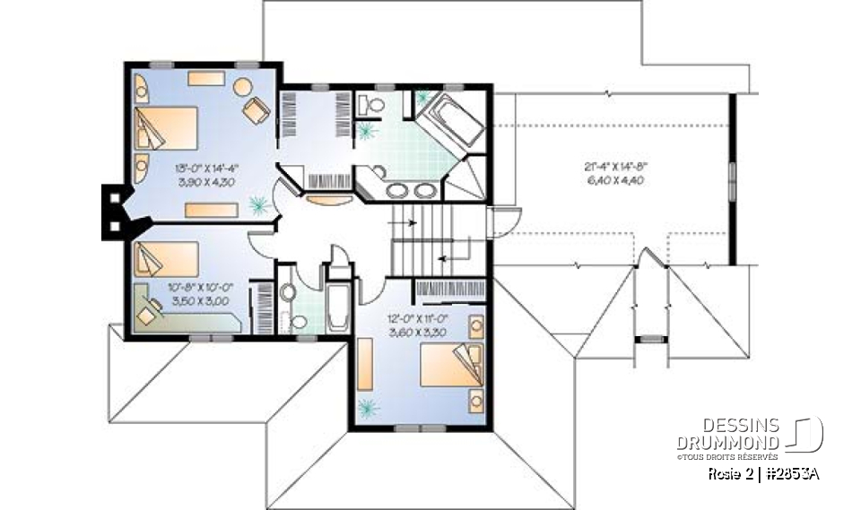 Étage - Plan de maison champêtre américaine, solarium, 3 à 4 chambres, garage double, espace boni au-dessus du garage - Rosie 2