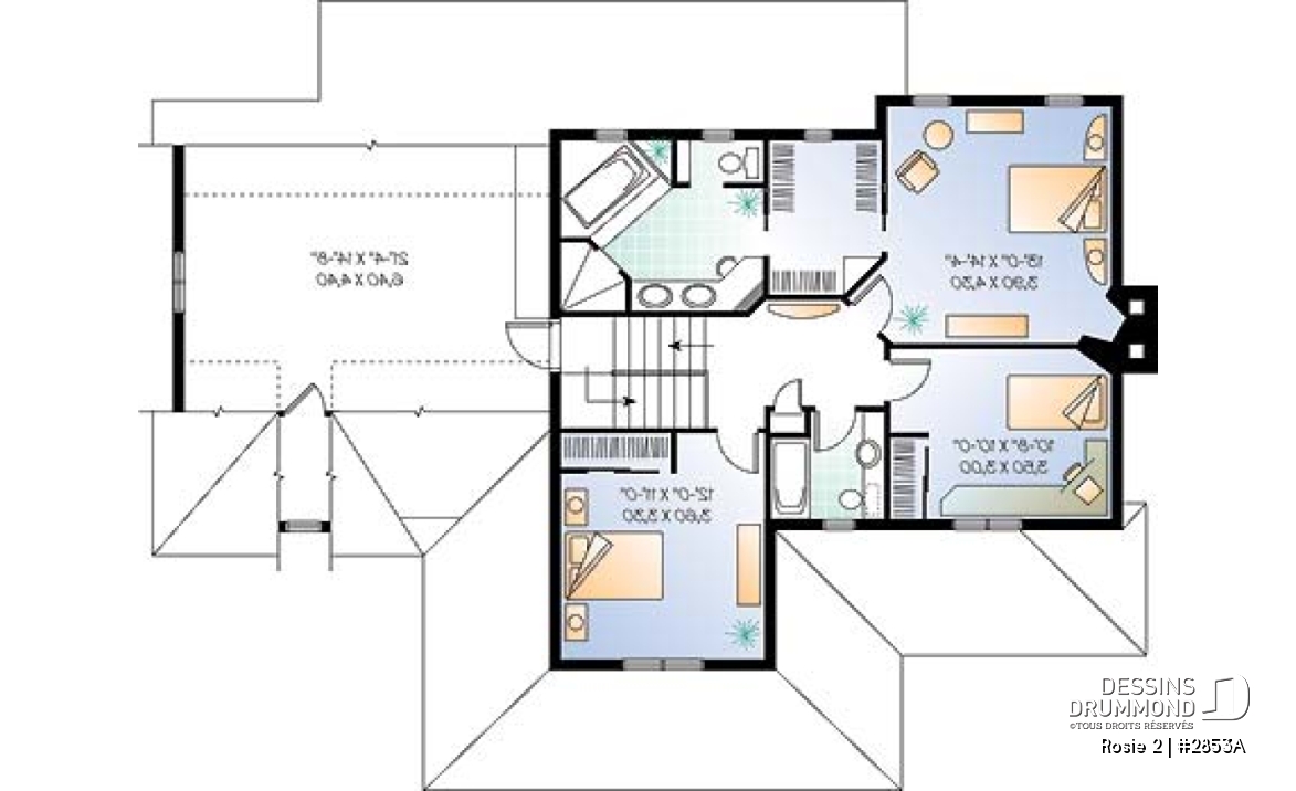 Étage - Plan de maison champêtre américaine, solarium, 3 à 4 chambres, garage double, espace boni au-dessus du garage - Rosie 2