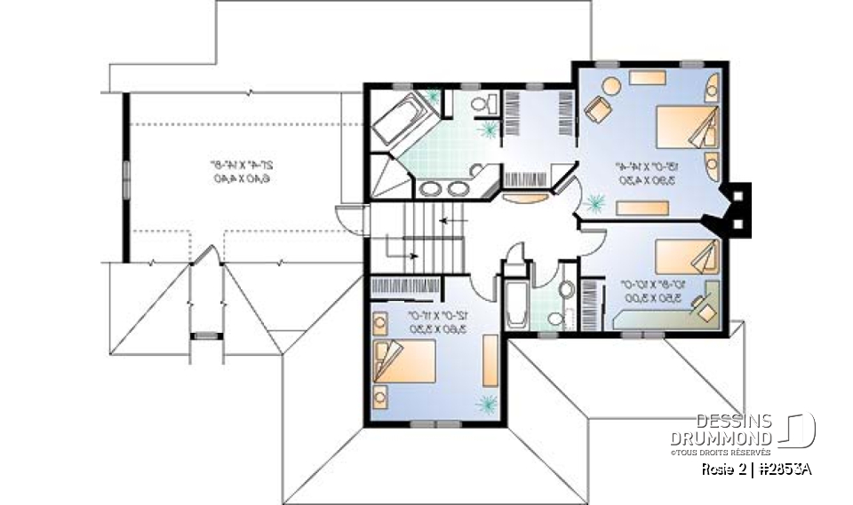 Étage - Plan de maison champêtre américaine, solarium, 3 à 4 chambres, garage double, espace boni au-dessus du garage - Rosie 2