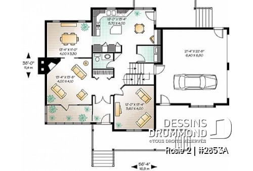 Rez-de-chaussée - Plan de maison champêtre américaine, solarium, 3 à 4 chambres, garage double, espace boni au-dessus du garage - Rosie 2