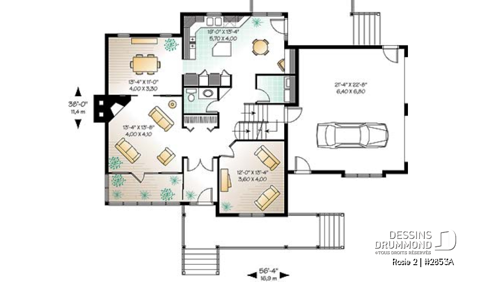 Rez-de-chaussée - Plan de maison champêtre américaine, solarium, 3 à 4 chambres, garage double, espace boni au-dessus du garage - Rosie 2