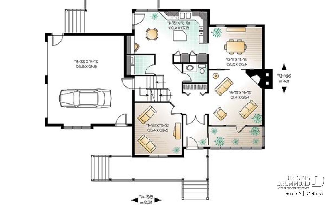 Rez-de-chaussée - Plan de maison champêtre américaine, solarium, 3 à 4 chambres, garage double, espace boni au-dessus du garage - Rosie 2