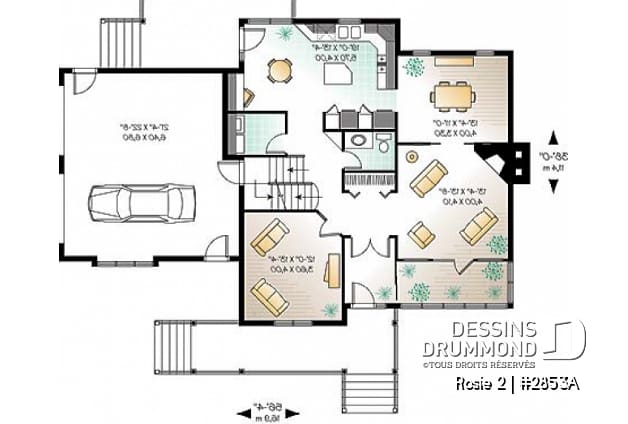 Rez-de-chaussée - Plan de maison champêtre américaine, solarium, 3 à 4 chambres, garage double, espace boni au-dessus du garage - Rosie 2