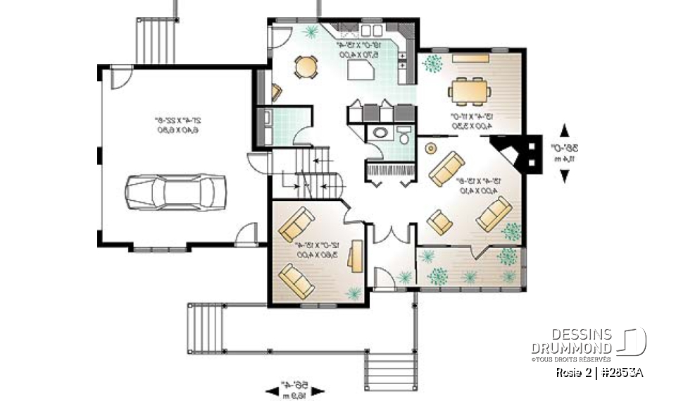 Rez-de-chaussée - Plan de maison champêtre américaine, solarium, 3 à 4 chambres, garage double, espace boni au-dessus du garage - Rosie 2