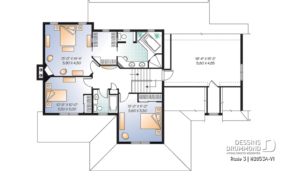 Étage - Plan de maison Craftsman 3 à 4 chambres, bureau à domicile, solarium, garage double, foyer, salle à manger - Rosie 3