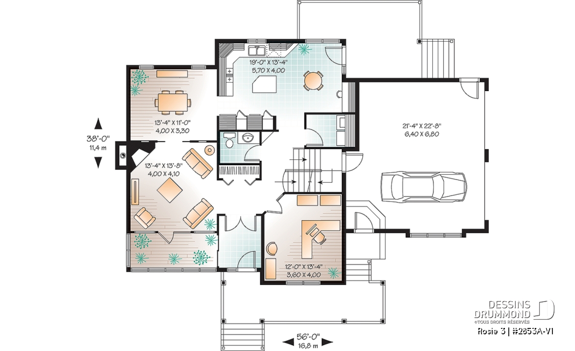 Rez-de-chaussée - Plan de maison Craftsman 3 à 4 chambres, bureau à domicile, solarium, garage double, foyer, salle à manger - Rosie 3