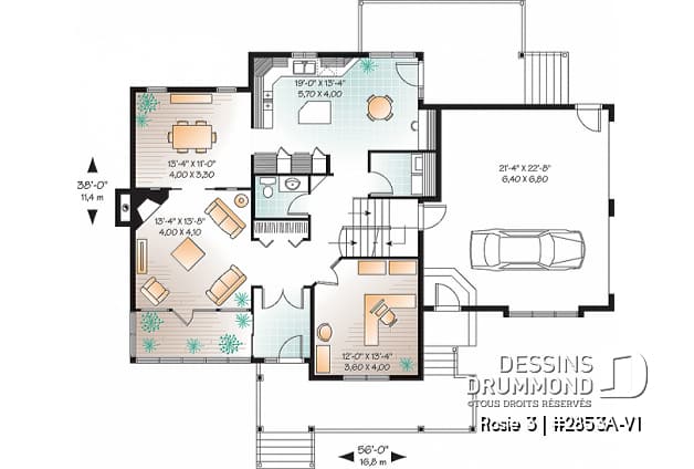 Rez-de-chaussée - Plan de maison Craftsman 3 à 4 chambres, bureau à domicile, solarium, garage double, foyer, salle à manger - Rosie 3