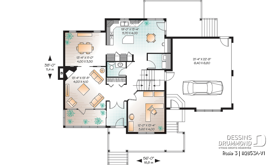 Rez-de-chaussée - Plan de maison Craftsman 3 à 4 chambres, bureau à domicile, solarium, garage double, foyer, salle à manger - Rosie 3