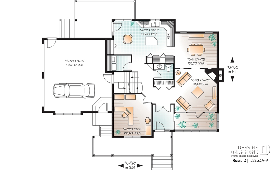 Rez-de-chaussée - Plan de maison Craftsman 3 à 4 chambres, bureau à domicile, solarium, garage double, foyer, salle à manger - Rosie 3