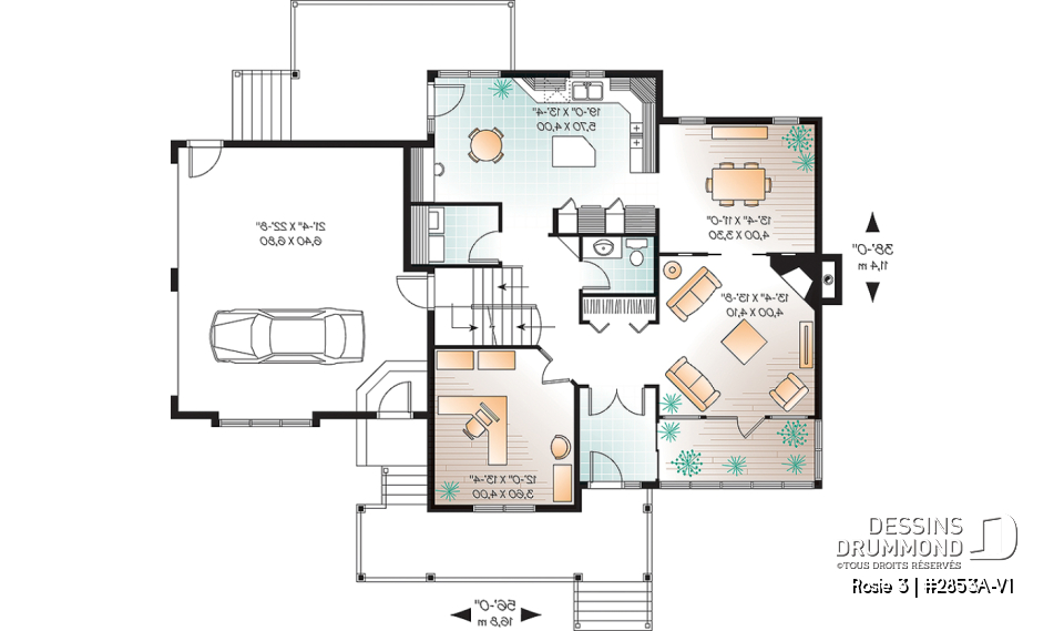 Rez-de-chaussée - Plan de maison Craftsman 3 à 4 chambres, bureau à domicile, solarium, garage double, foyer, salle à manger - Rosie 3