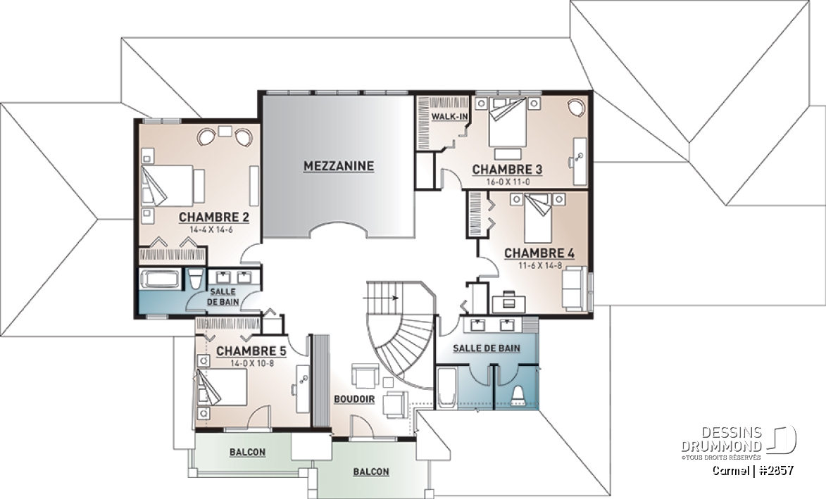 Étage - Plan de maison luxueuse avec 5 chambres, suite des maîtres au r-d-c, plafond cathédrale, garage triple - Carmel