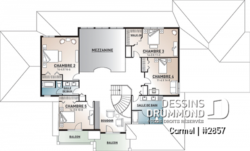 Étage - Plan de maison luxueuse avec 5 chambres, suite des maîtres au r-d-c, plafond cathédrale, garage triple - Carmel