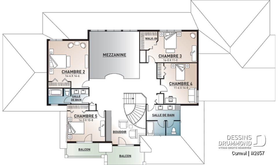 Étage - Plan de maison luxueuse avec 5 chambres, suite des maîtres au r-d-c, plafond cathédrale, garage triple - Carmel