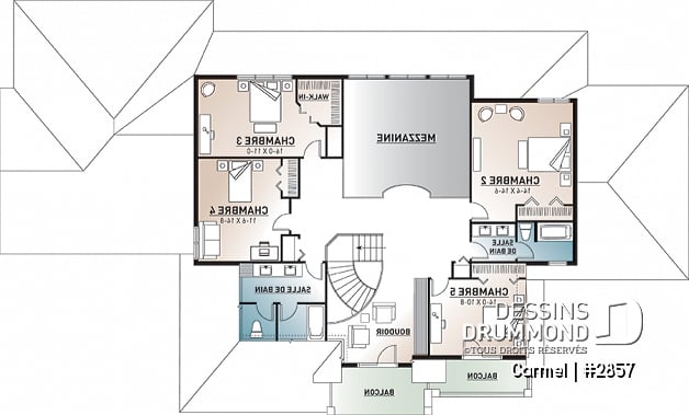 Étage - Plan de maison luxueuse avec 5 chambres, suite des maîtres au r-d-c, plafond cathédrale, garage triple - Carmel