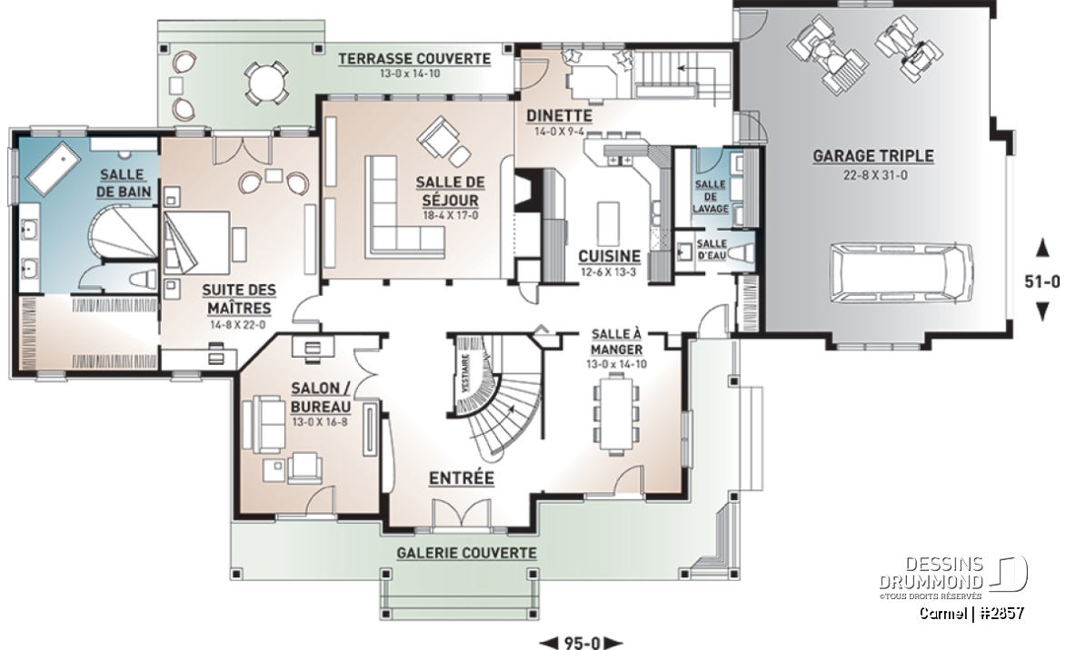 Rez-de-chaussée - Plan de maison luxueuse avec 5 chambres, suite des maîtres au r-d-c, plafond cathédrale, garage triple - Carmel