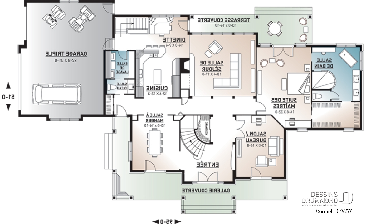 Rez-de-chaussée - Plan de maison luxueuse avec 5 chambres, suite des maîtres au r-d-c, plafond cathédrale, garage triple - Carmel